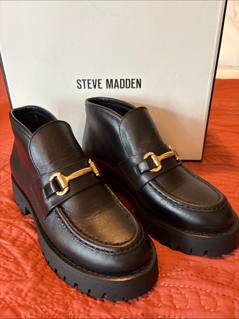 Steve Madden Black Leather Lug-Sole Slip-On Loafers with Gold Bit